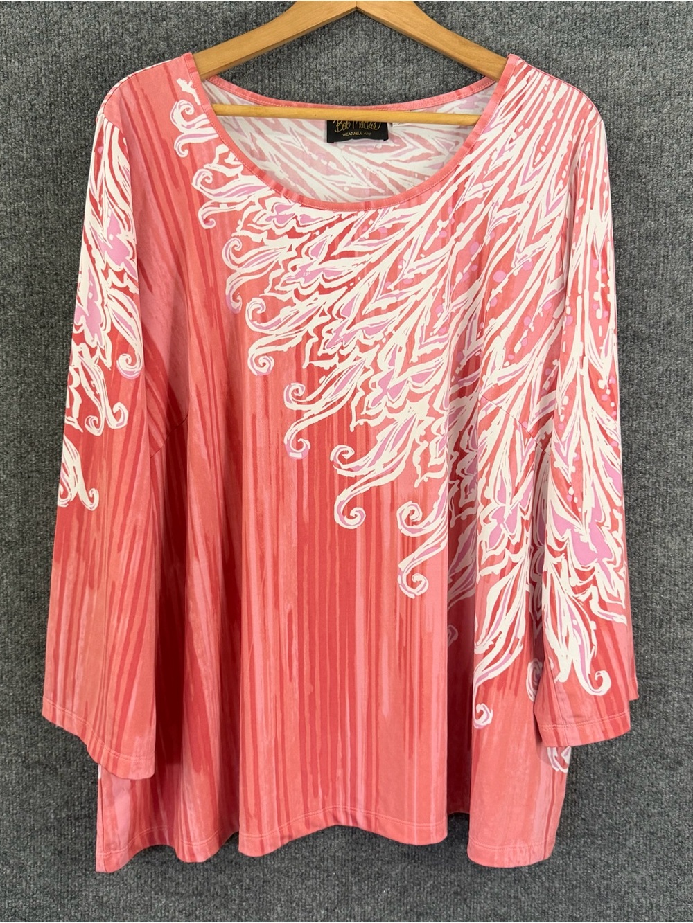 Bob Mackie Womens 2X Artsy Tunic Top Pink White Office Casual Stretch Pullover